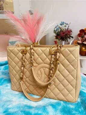 CHANEL Grand Shopping Tote, Beige Quilted Leather Tote with Gold Chain Straps